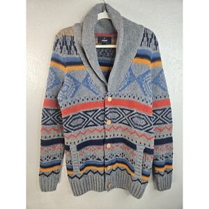 Mavi Fair Isle 3D Knit Cardigan Wool Gray Geometric Shawl Collar Button Sweater